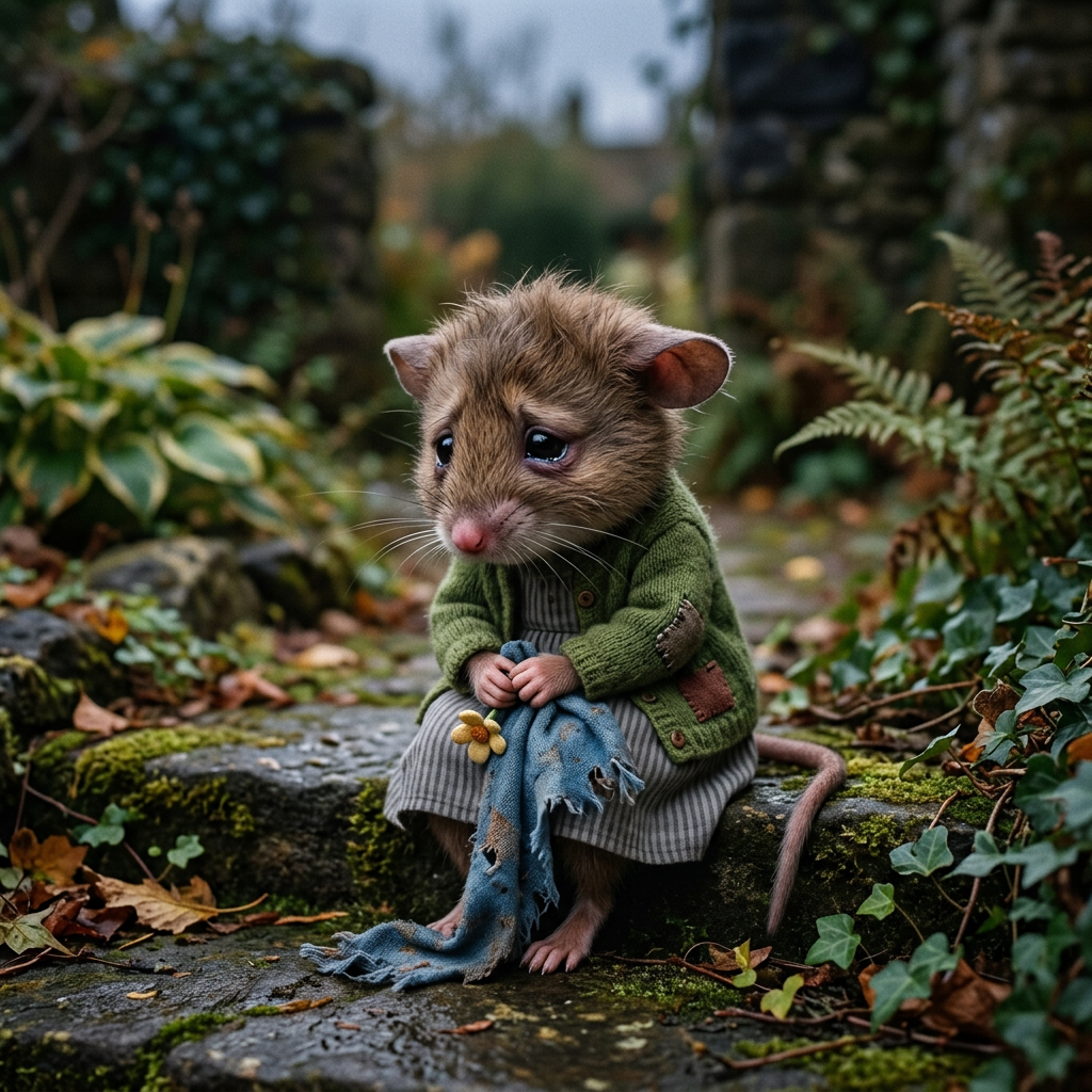 Small anthropomorphic mouse with sad expression wearing green sweater and striped dress holding a torn blue cloth with a yellow flower